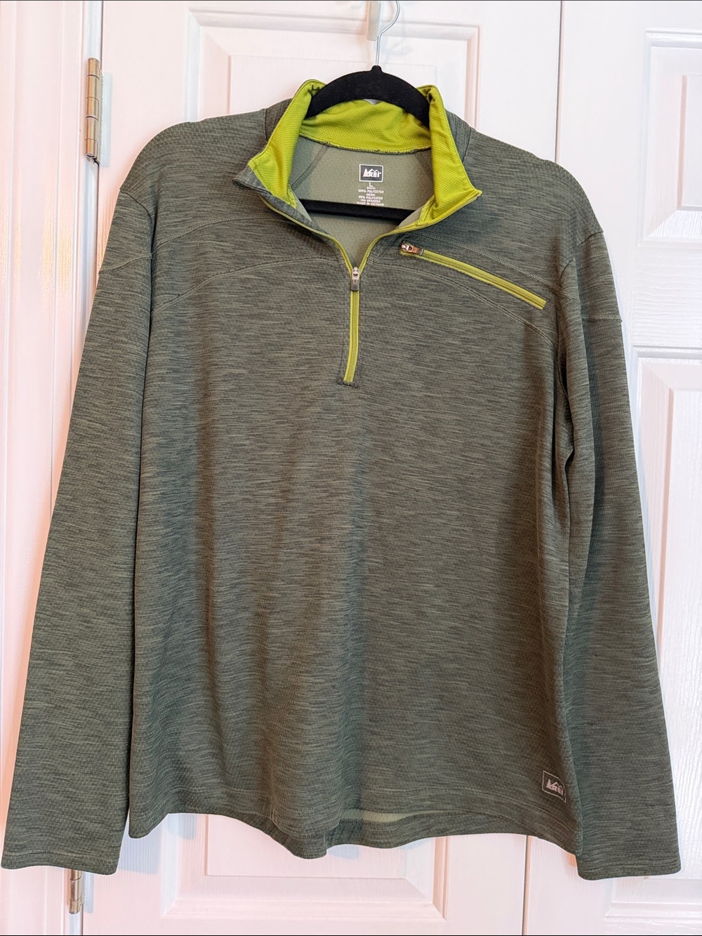 REI Men's Olive Green Quarter-Zip Pullover with Lime Accents